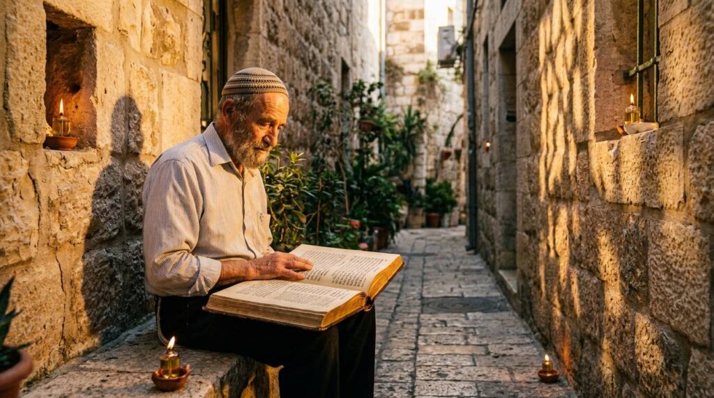 Elderly Jewish man reads ancient Hebrew Bible in Jerusalem alley.