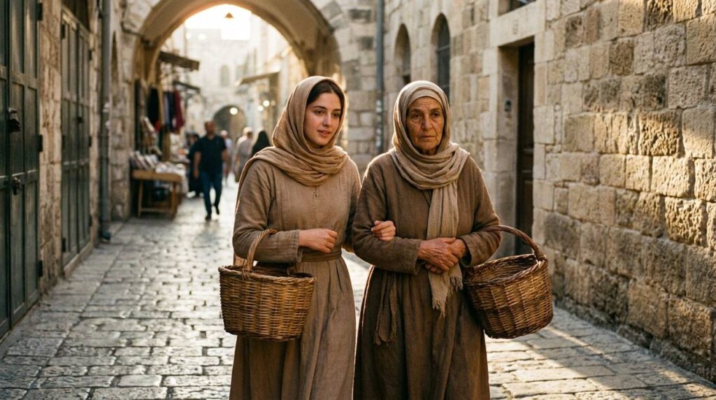 Ruth and Naomi walking in a cobblestoned alley, carrying baskets.