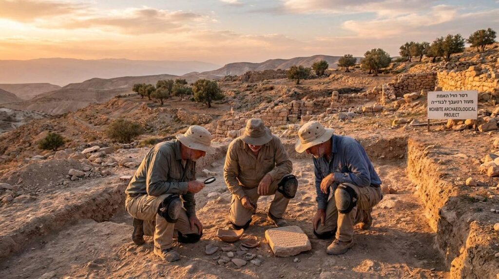 Archaeologists examine pottery and inscriptions at Moabite site in Israel.