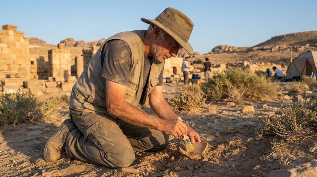 Archaeologist excavating Moabite artifacts at a site in Jordan.