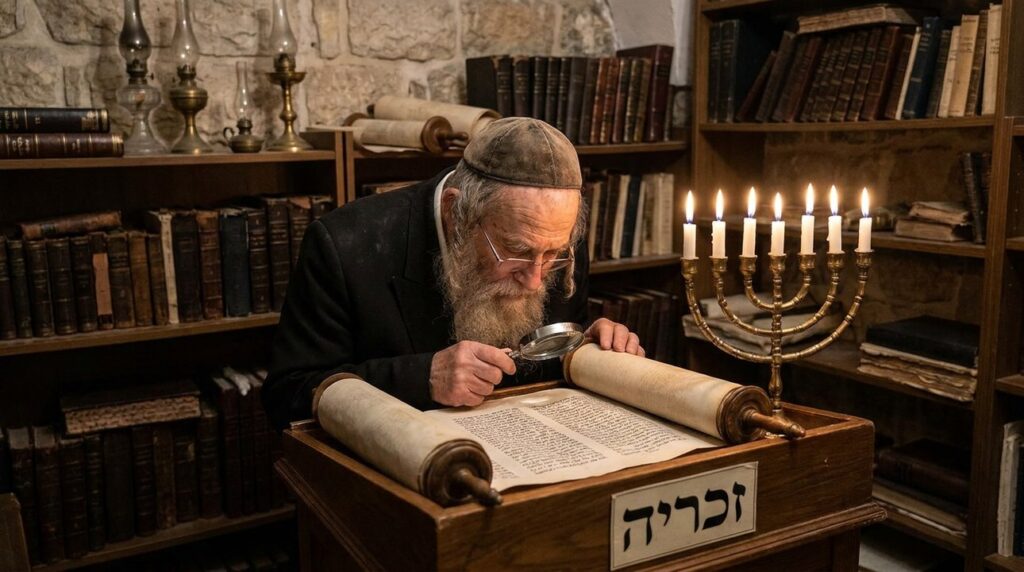 Elderly Jewish scholar reads Zechariah by menorah light, surrounded by books.