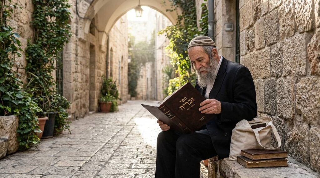 Elderly Jewish man reading the Book of Zechariah in Jerusalem alley.