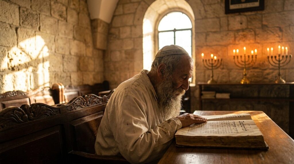 Elderly Jewish man reading Zechariah in a dim, ancient synagogue.