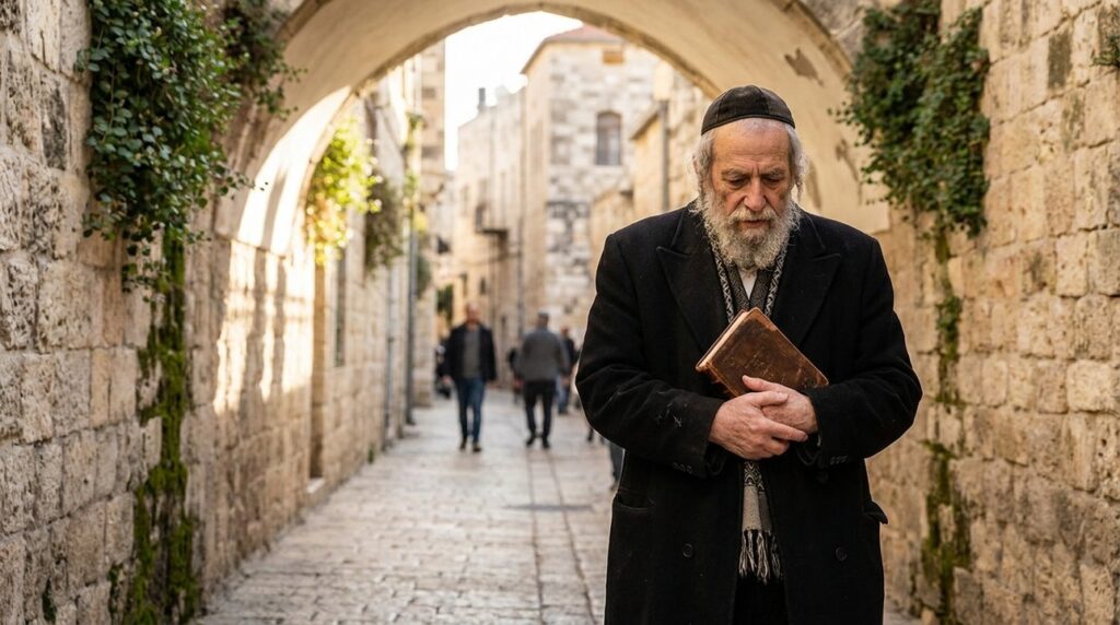 Elderly rabbi reads ancient text in sunlit Jerusalem alley.