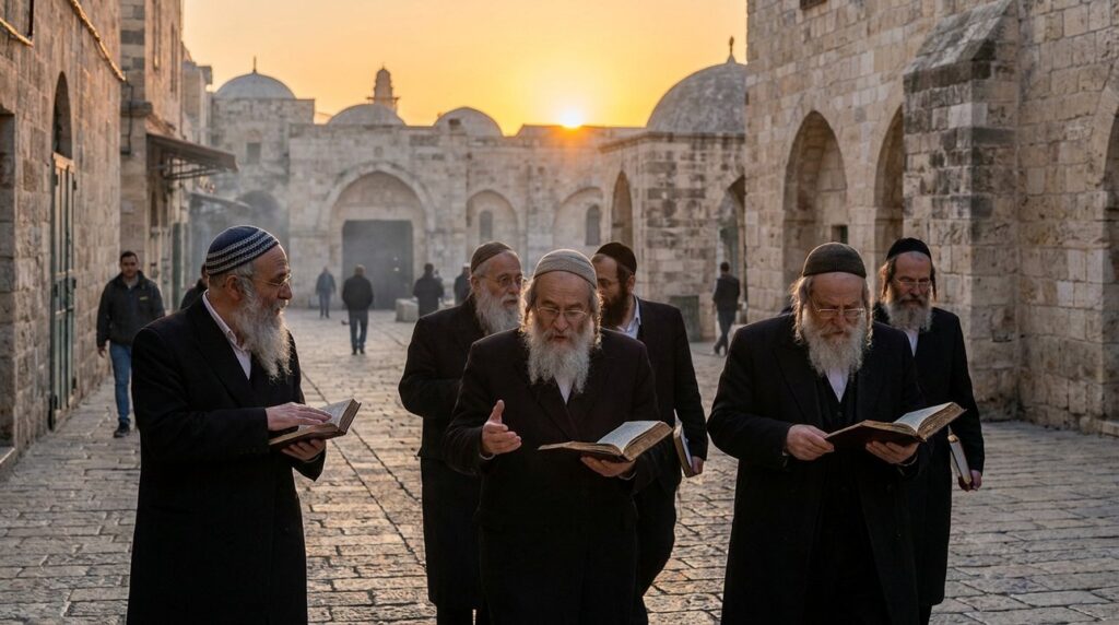 Elderly men in traditional Jewish attire discuss scriptures in Jerusalem.