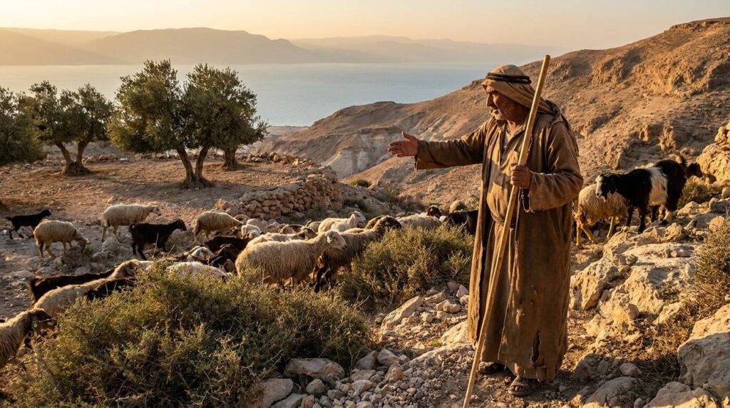 Shepherd with flock near Dead Sea, olive trees in background.