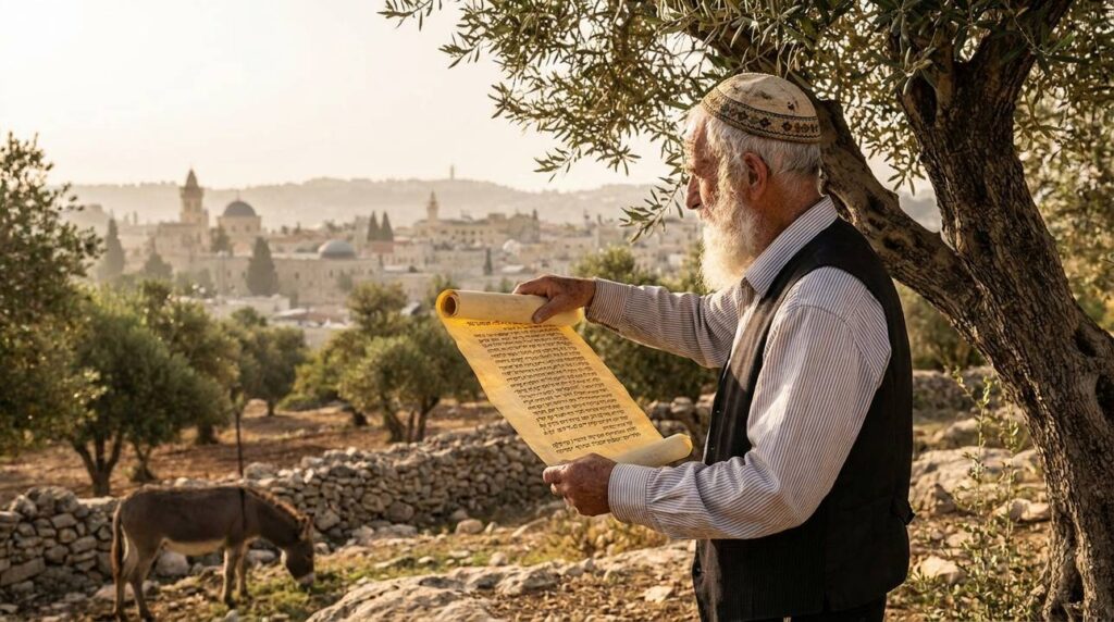 Elderly man in traditional Jewish attire holding scroll in olive grove, overlooking Jerusalem.