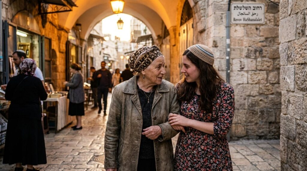 Elderly Jewish woman and younger woman walking in narrow street.