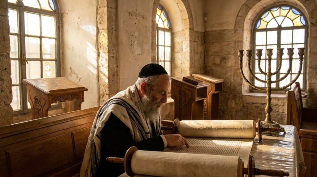 Elderly Jewish man in kipa reading Torah in sunlit synagogue.
