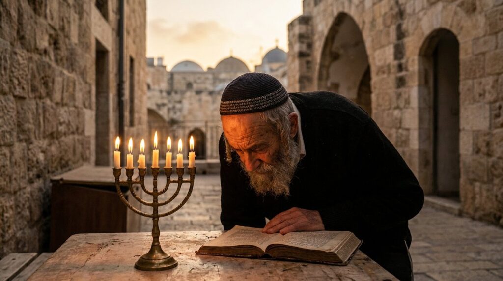 Elderly Jewish man reading scriptures by menorah, ancient Jerusalem backdrop.