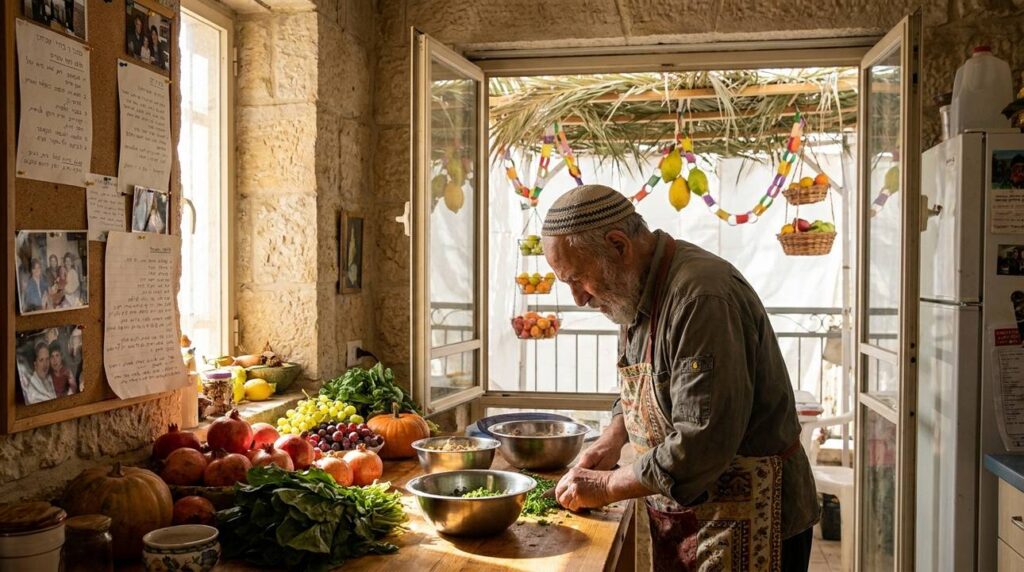 Elderly Jewish man preparing Sukkot dishes in rustic Jerusalem kitchen.