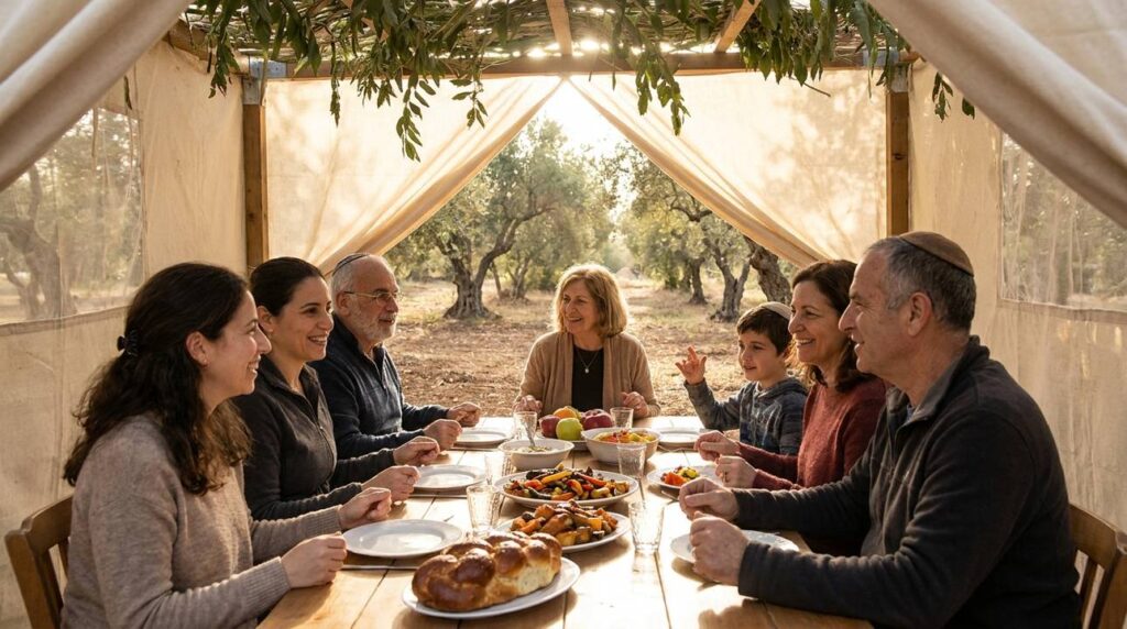 Family sharing traditional meal in sukkah amidst an olive grove.