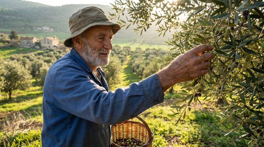 Elderly Jewish man picking olives in a sunlit grove in Israel.