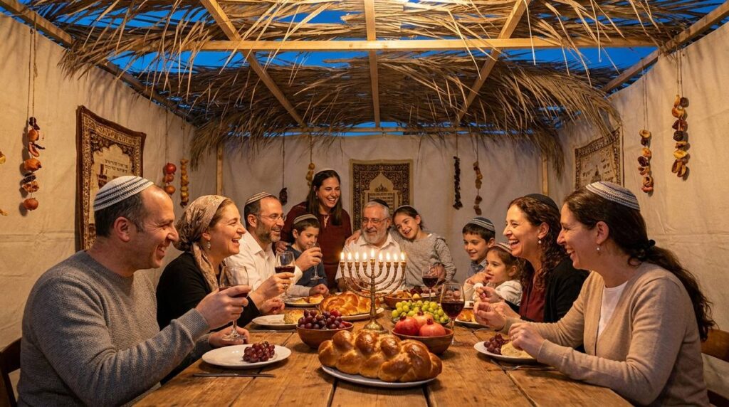 Jewish family gathers in sukkah, sharing festive meals during Sukkot.
