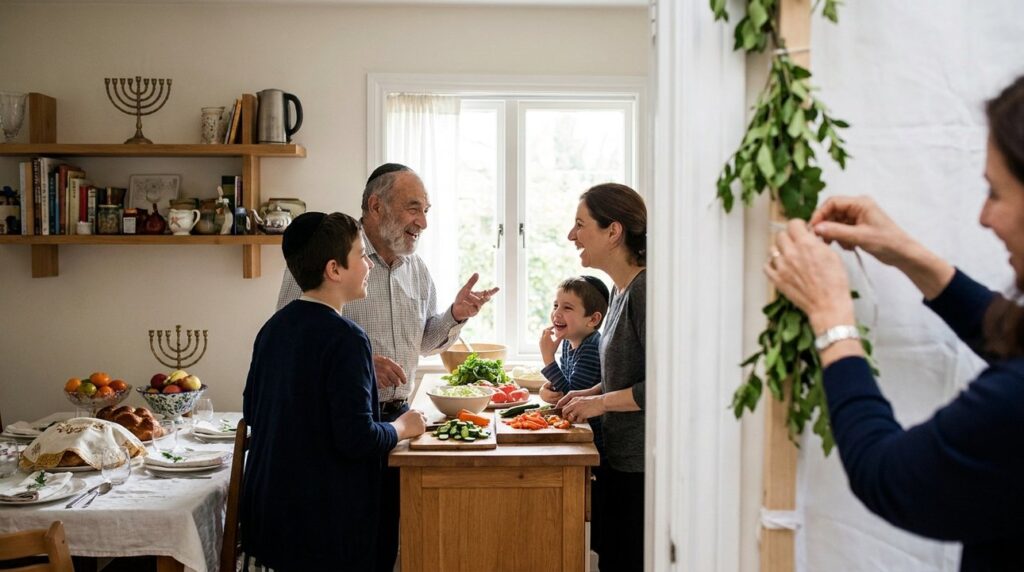 Jewish family prepares for Sukkot in a warmly lit kitchen.