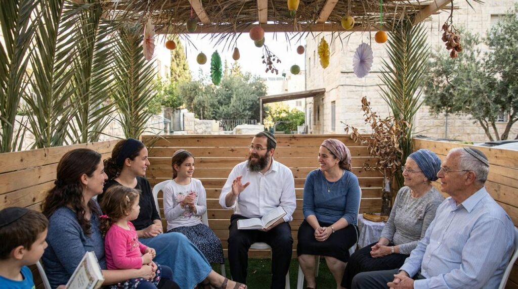 Jewish family engaged in storytelling in a decorated Sukkah.