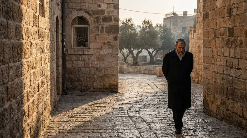 Man in kippah walks in sunlit, stone alley with menorah visible.