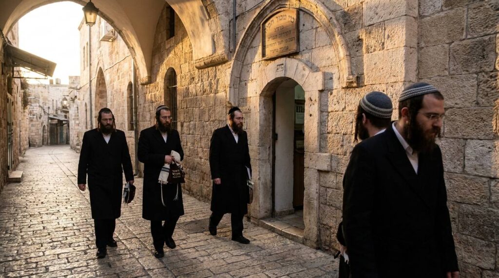 Early morning in Jerusalem, people walking to synagogue on stone streets.