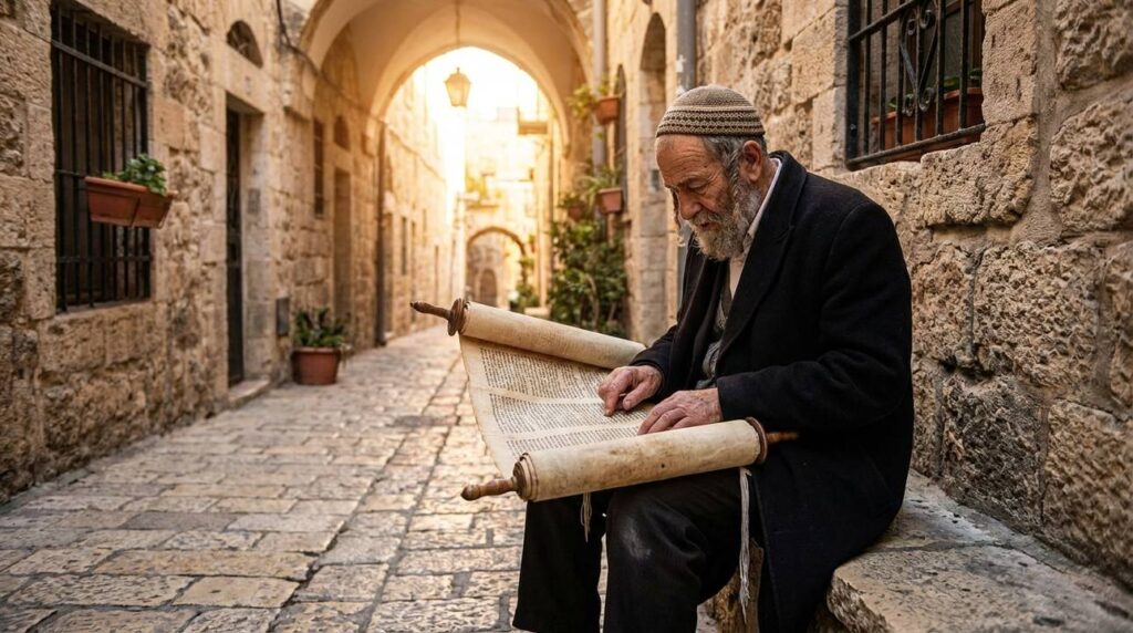 Elderly man in kippah reads ancient scroll in Jerusalem alley.