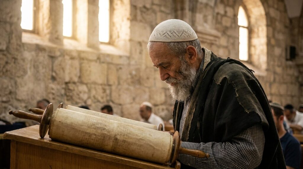 Elderly Jewish man reading Torah in ancient Jerusalem synagogue.
