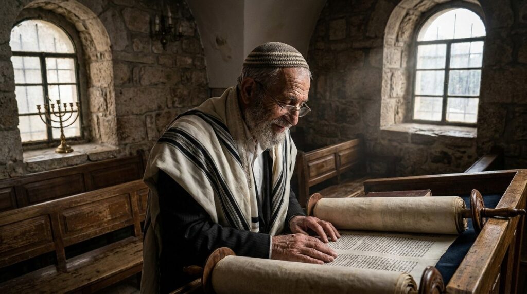 Elderly Jewish man reading Torah in dimly lit Jerusalem synagogue.