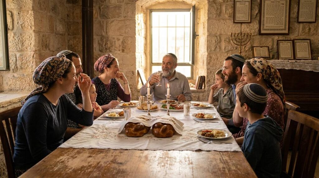 Traditional Jewish Sabbath dinner scene in Jerusalem with family around table.