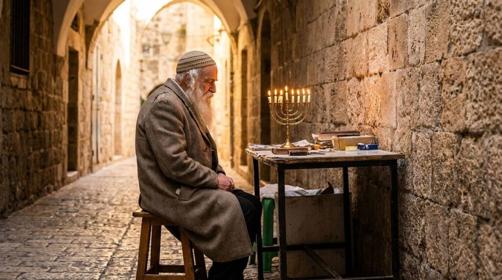 Elderly man with beard, wearing kippah, by lit menorah in Jerusalem alley.
