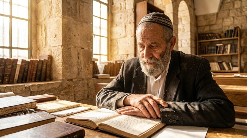 Elderly Jewish man in reflection, synagogue, books on table.