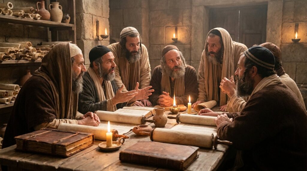 Jewish scholars debate at a table surrounded by ancient texts.