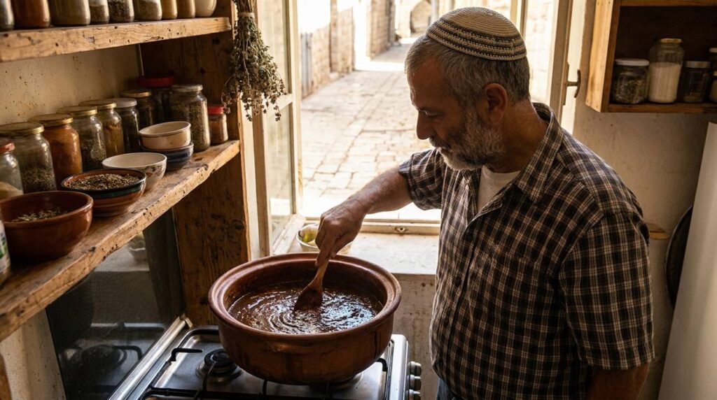 Middle-aged Jewish man in kippah stirring dates in sunny kitchen.