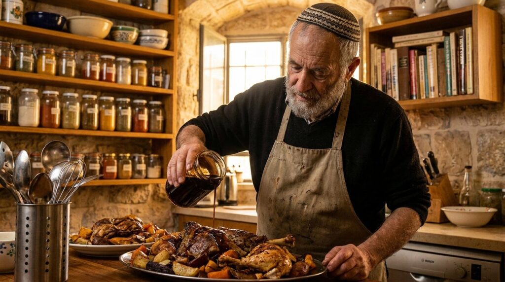 Elderly Jewish man pouring syrup on meats in Jerusalem kitchen.