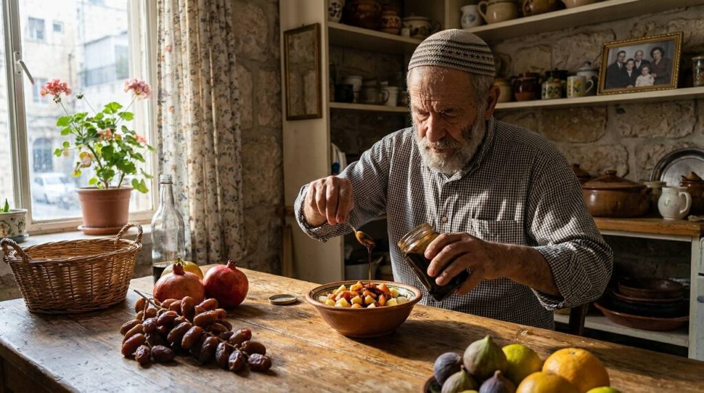 Elderly Jewish man preparing dish with silan in rustic kitchen.