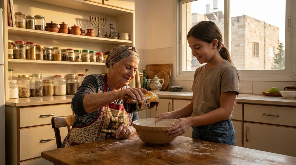 Elderly woman and girl mixing ingredients in a traditional Israeli kitchen.