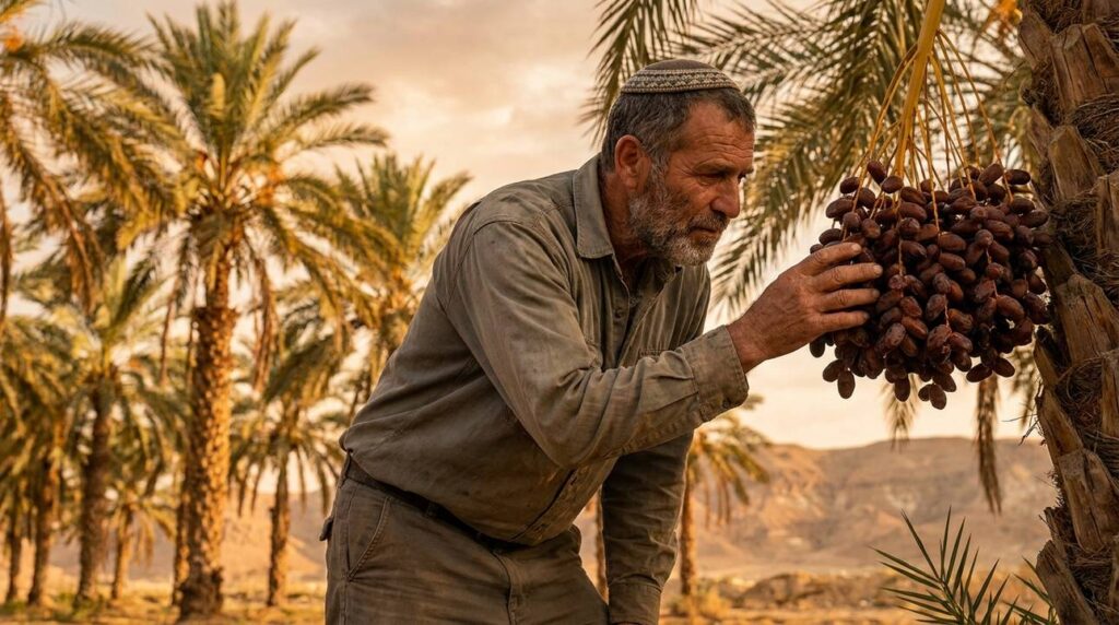 Middle-aged farmer inspecting dates in an Israeli palm orchard.