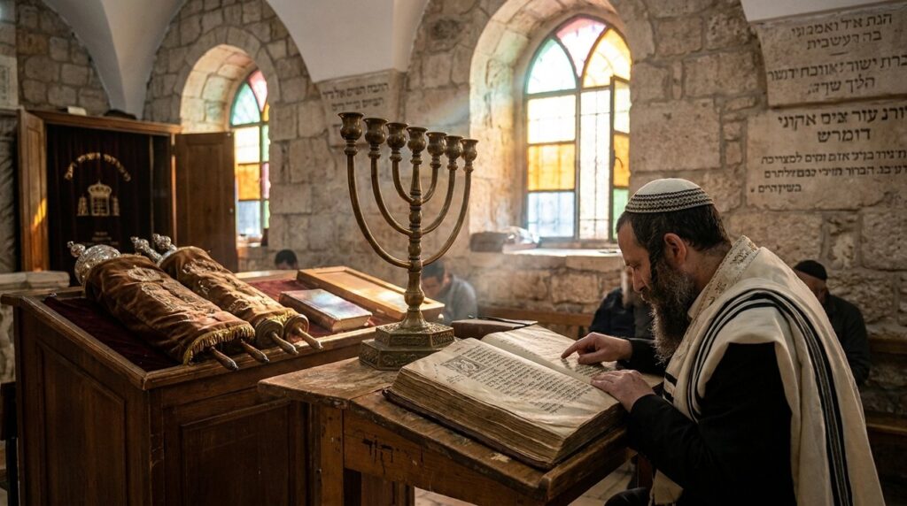 Morning light in synagogue illuminates menorah, Torah, and reading rabbi.