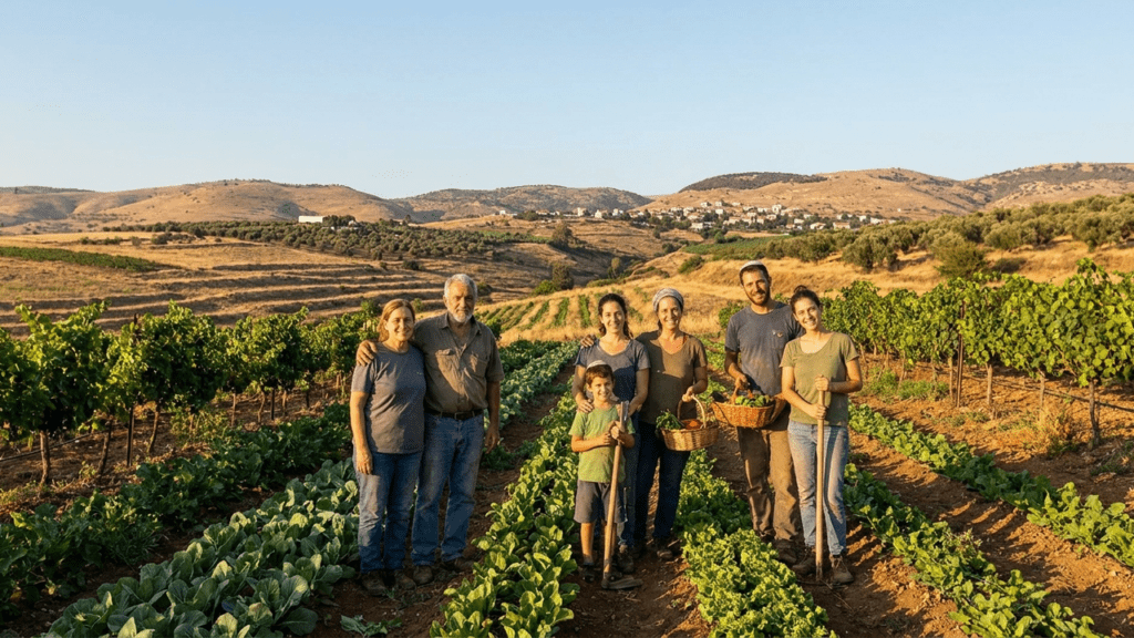 Israeli farmers working in lush fields