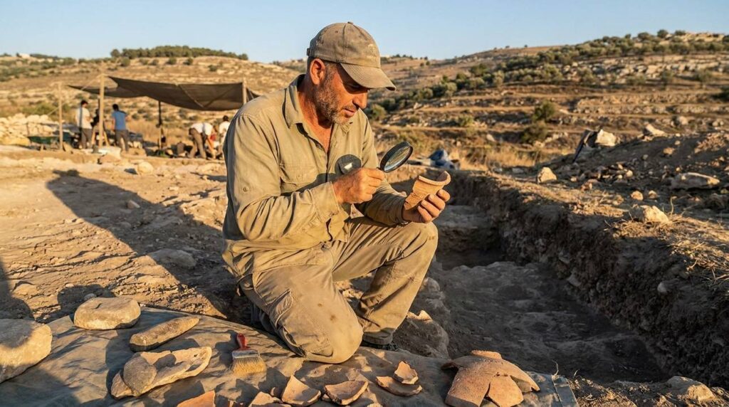 Israeli archaeologist examines ancient artifacts at Jerusalem excavation site.