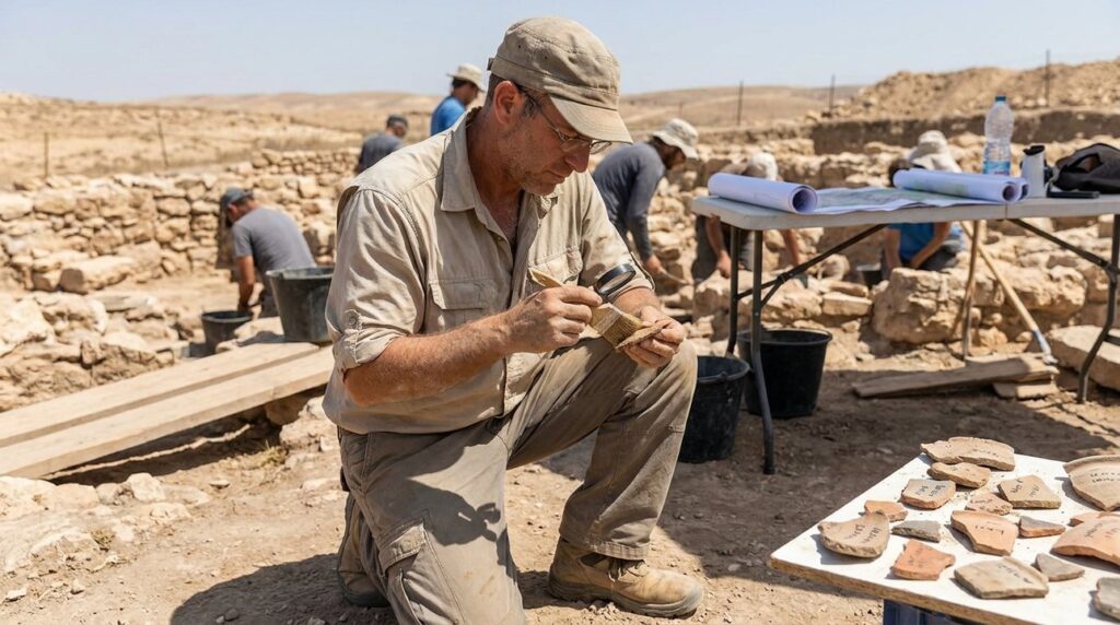 Israeli archaeologist examining artifacts at a sunlit archaeological dig site.