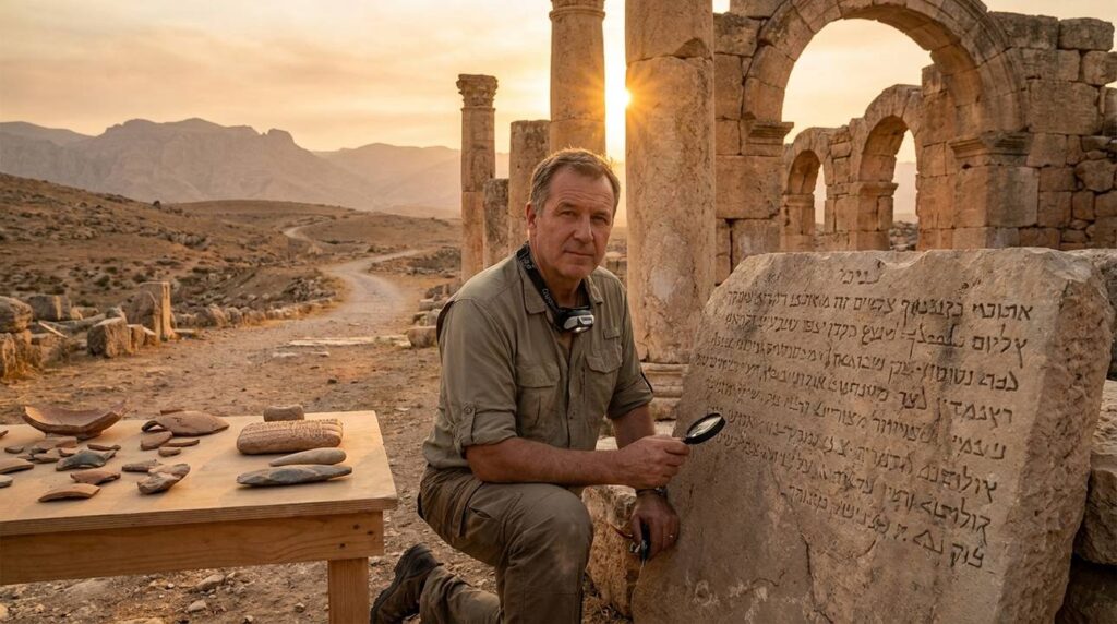 Archaeologist examines Aramaic inscriptions at ancient Aram ruins during sunset.