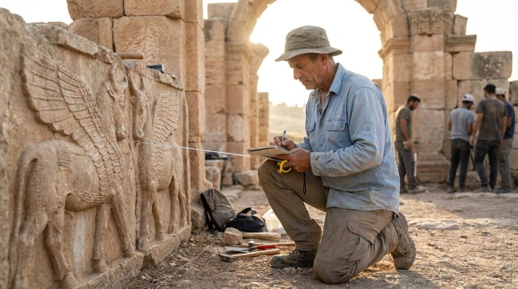 Israeli archaeologist examines Assyrian ruins in Samaria, taking notes.