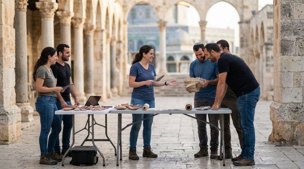 Israeli researchers discussing artifacts in Jerusalem's ancient temple courtyard.