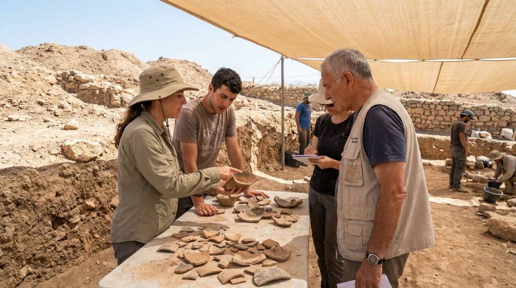 Archaeological team examines pottery shards at Tel Batash dig site.