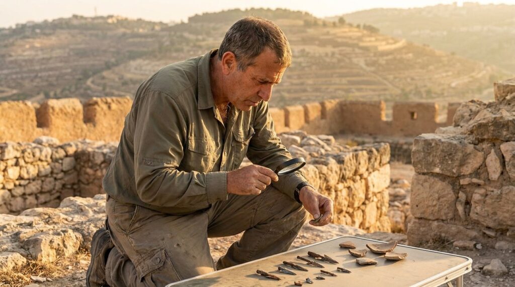 Israeli historian examines ancient artifacts at Ramah, Jerusalem hills background.