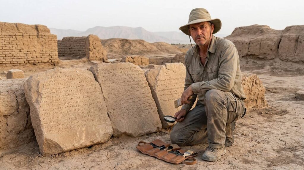 Male archaeologist examines Elamite inscriptions on tablets at Susa ruins.