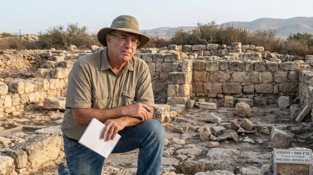 Israeli historian examines ancient ruins with notebook in morning light.