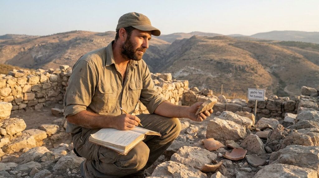 Israeli archaeologist in field attire taking notes at Zalmon ruins.
