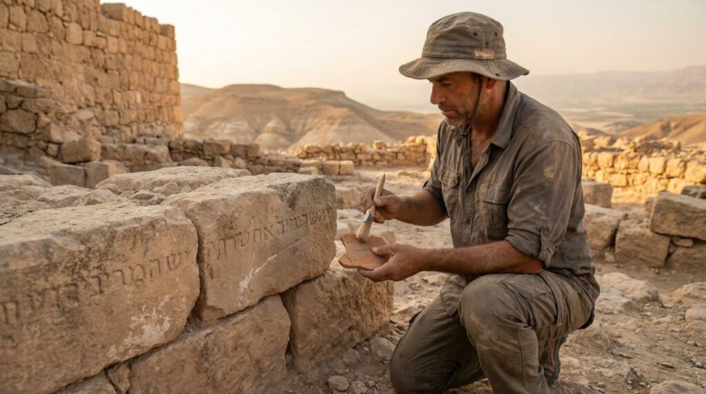 Israeli archaeologist examines ancient ruins with tools in early evening light.