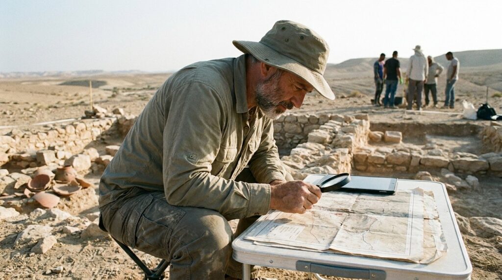 Archaeologist examines ancient maps at Negev Desert caravan stop.