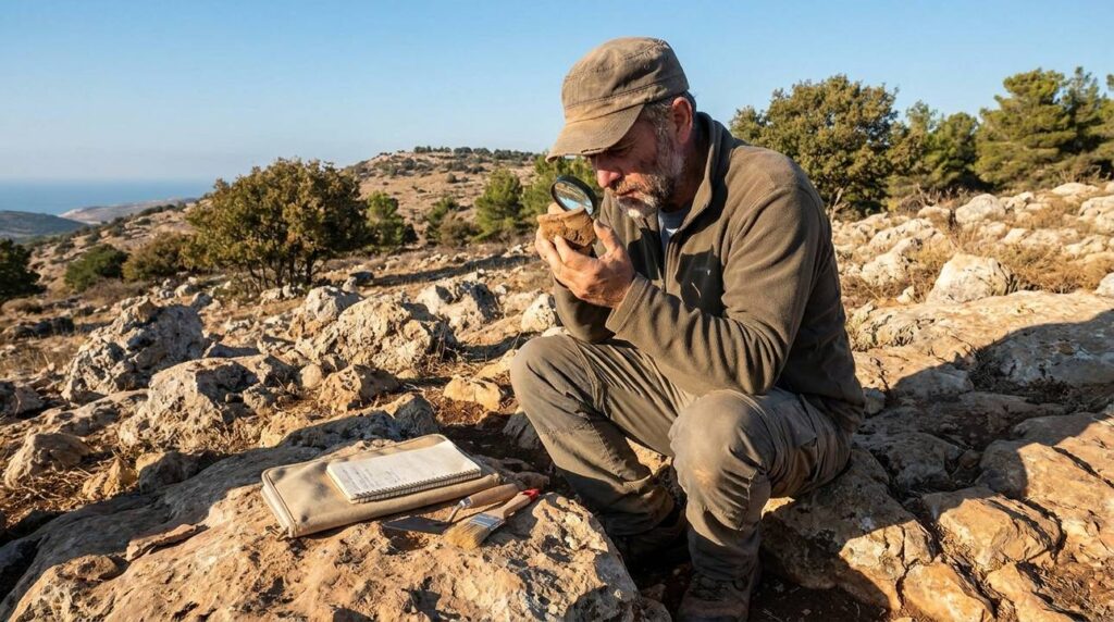 Israeli historian examines artifacts at Mount Carmel archaeological site.