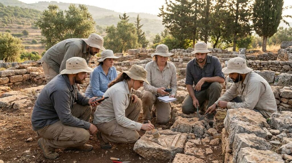 Archaeologists examining ancient ruins in Marjaayoun with brushes and GPS.